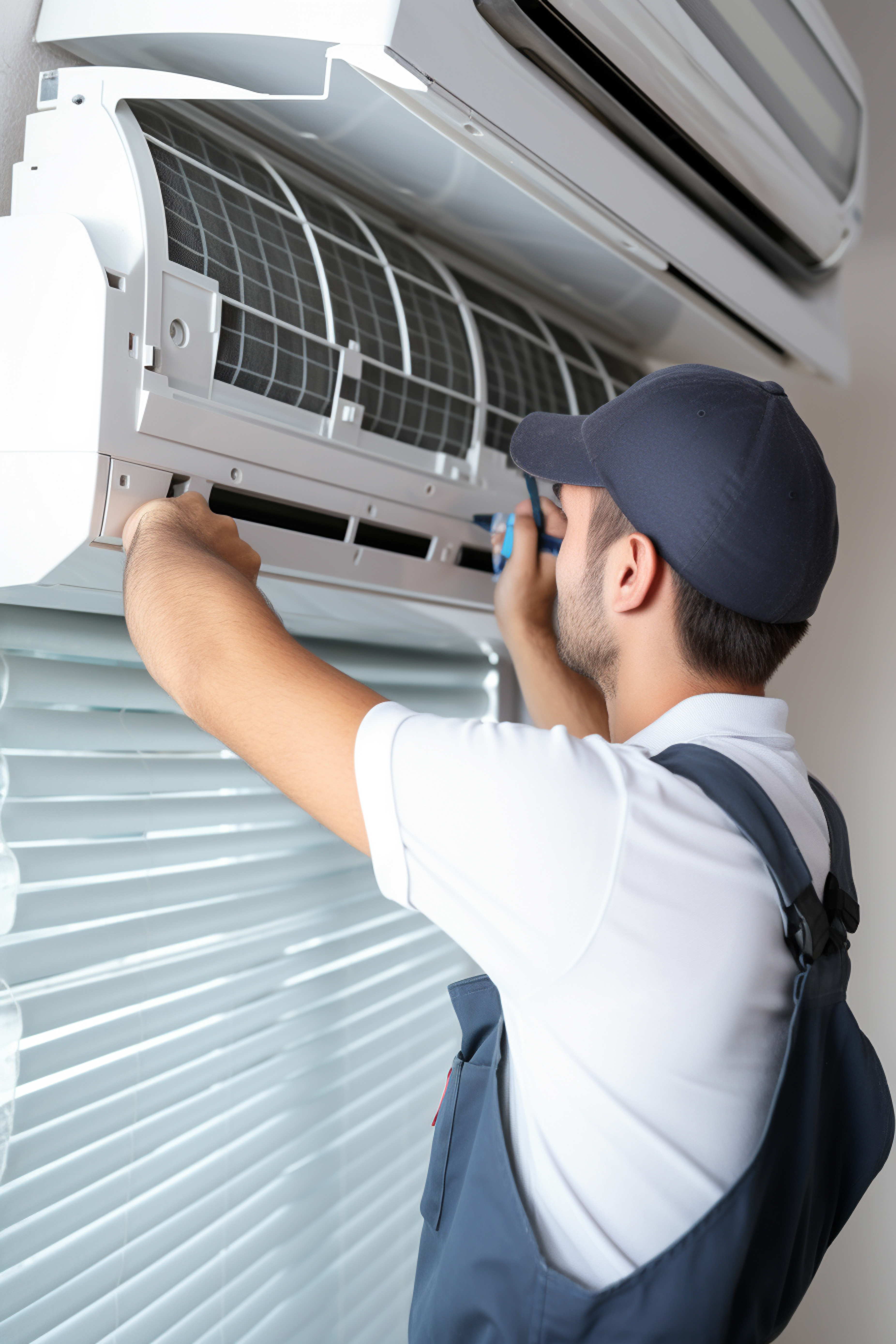 a man or craftsman installs an air conditioner or cleans it